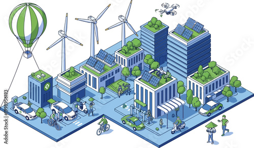 Isometric vector illustration of a sustainable green city featuring wind turbines solar panels electric vehicles and eco friendly urban infrastructure