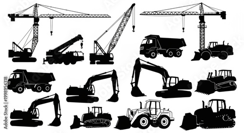 Collection of construction vehicle silhouettes for industrial use.