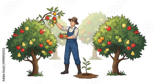 Orchardist carefully harvesting ripe apples from fruitful trees in a lush garden, surrounded by young saplings and vibrant foliage