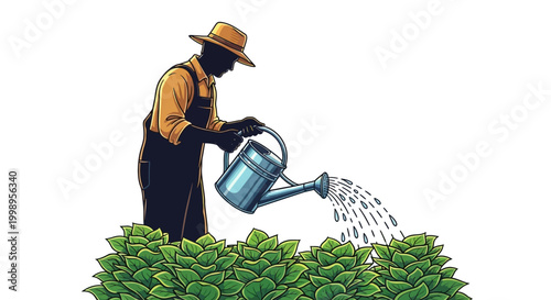 Dedicated silhouette of a farmer tending to vibrant green plants with a classic watering can, illustrating the essential care and nurturing processes in agriculture and sustainable cultivation