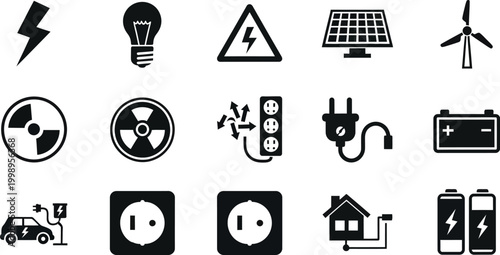 Set of fifteen black flat vector icons representing energy power electricity renewable resources sustainable technology electrical equipment and industrial utility