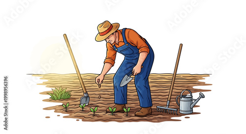 Diligent farmer carefully cultivates young seedlings in fertile soil at sunrise, showcasing the essence of agricultural dedication and new beginnings with traditional tools