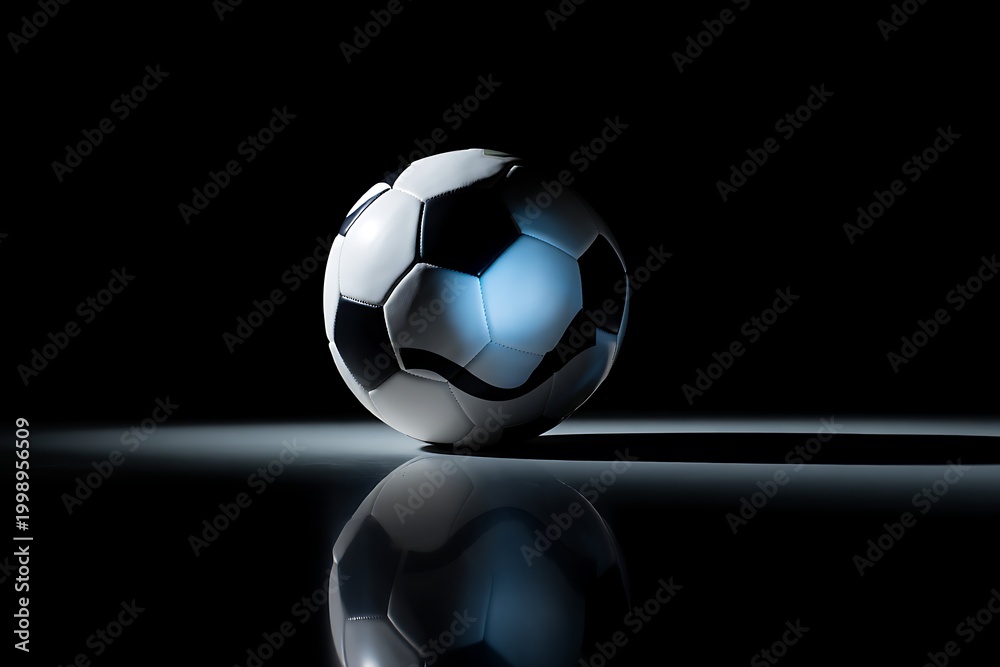 Naklejka premium A classic black and white soccer ball resting on a reflective surface with dramatic lighting