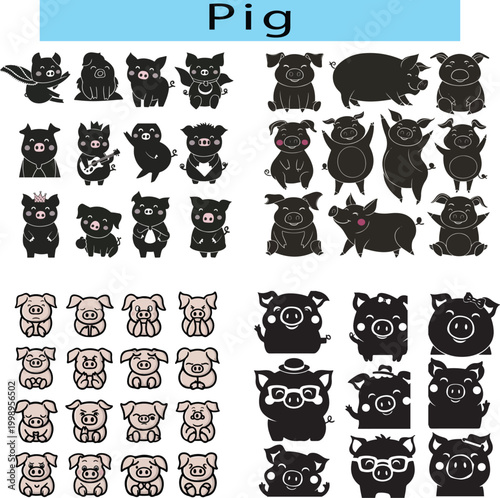 Cute Pig vector illustration, Pig silhouette clip art