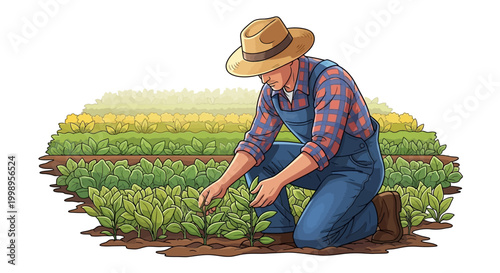 Diligent Farmer Cultivating Young Crops in a Vibrant Green Field, Showcasing Sustainable Agriculture and the Growth Process of Food Production