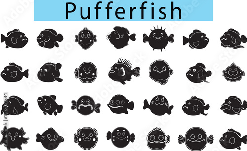 Cute Pufferfish vector art, Pufferfish silhouette graphics