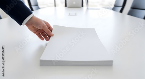 A businessman's hand reaches for a stack of pristine white papers on a clean, modern conference room table, symbolizing preparation and new beginnings.