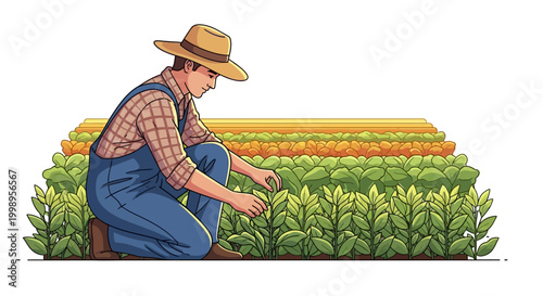 Farmer carefully inspecting crops in a vibrant, layered field, showcasing agricultural diversity and growth