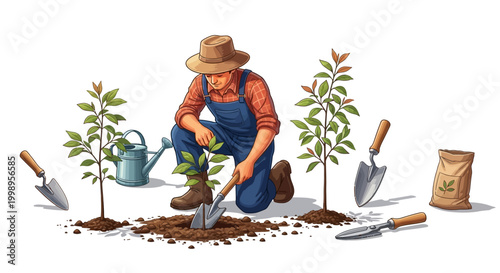 A dedicated gardener carefully plants a young sapling, fostering new life and contributing to environmental sustainability with a passion for nature and green initiatives