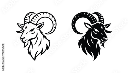 Ram head with large horns icon set for zodiac symbol and farm animal illustration in bold outline and solid black vector graphic styles for branding and livestock agriculture design projects