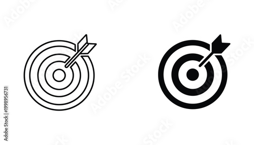 Target with arrow center bullseye icon set for business goals and strategic planning in clean outline and solid black vector graphic styles for professional presentation and marketing interface assets