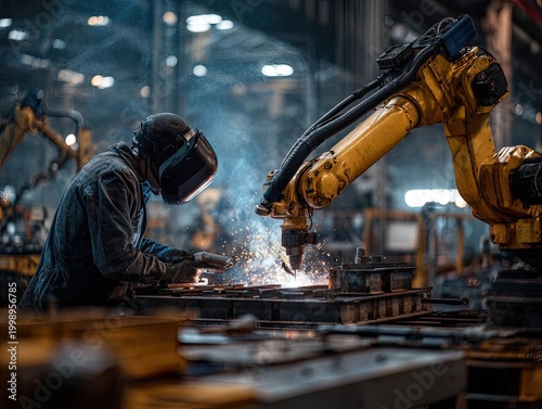 Industrial robotic arm welding metal factory.