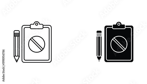 Clipboard with forbidden sign icon set in outline and solid vector style representing restricted tasks or cancelled project status for business administration and office management