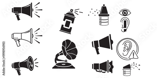 Collection of vintage communication devices megaphones gramophones and spray cans