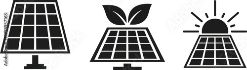 Set of black flat vector icons representing solar energy panels with eco friendly leaves and sun symbols for sustainable power
