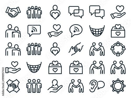 Community Charity and Support Line Icon Set: Nonprofit, Volunteering, Partnership, and Social Care Symbols for Web and Graphic Design