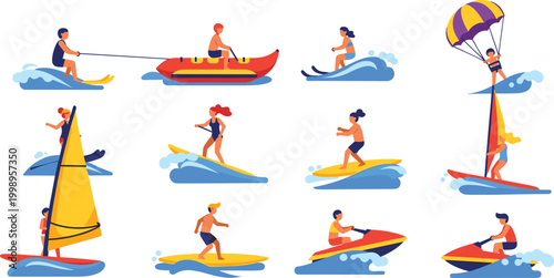 Water sports activities collection with surfing sailing skiing and parasailing cartoon vector illustration set
