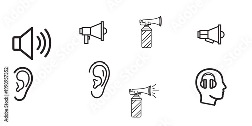 Collection of hand drawn speaker ear and sound related icons in black and white