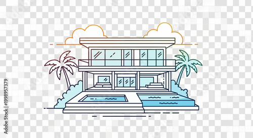 Modern Luxury Villa with Pool and Palm Trees, Architectural Line Art Illustration