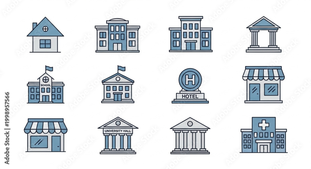 Fototapeta premium Collection of diverse building icons representing various institutions and businesses.