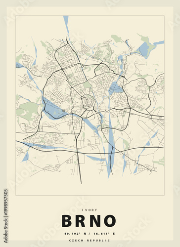 Brno Czech Republic Minimal City Map Poster Vintage Retro Travel Print