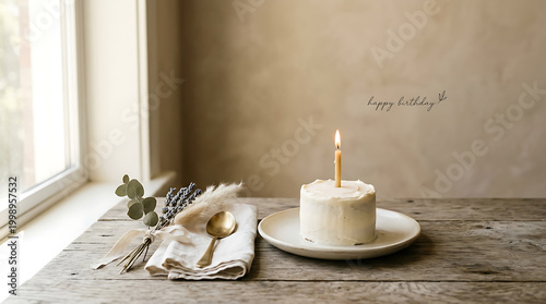 Minimalist table setting with white candle and eucalyptus greene