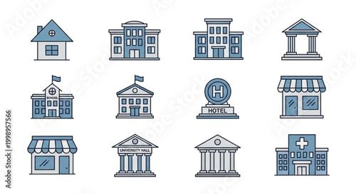 Collection of diverse building icons representing various institutions and businesses.