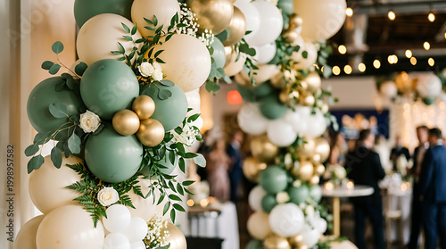 Elegant green and gold balloon centerpiece for a celebration