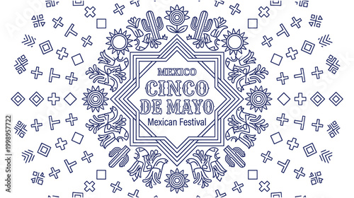 Cinco de mayo mexican festival banner with linear cultural folk ornaments.