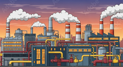 Industrial factory with smoking chimneys at sunset.