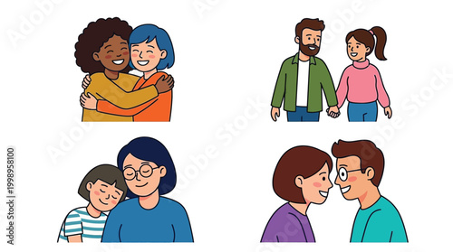 Four illustrations depicting diverse human relationships including friendship, family bonds, and romantic love, showing affection and closeness.