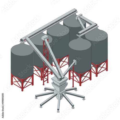 Isometric View of Grain Silos with Conveyor System.