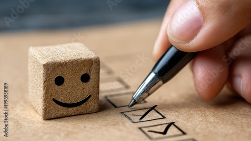 Hand Holding Pen Near Happy Face Block on Checklist Paper for Planning and Productivity Concept