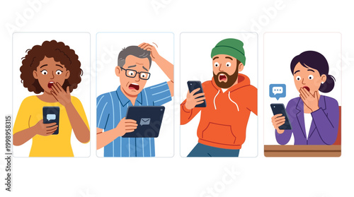 Four diverse individuals reacting with shock and surprise to content on their mobile phones and tablet devices.