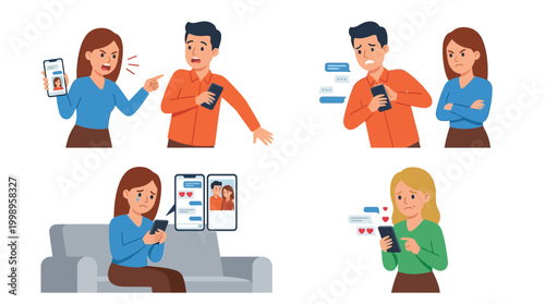 Four illustrations showing different emotional reactions and social interactions related to mobile phone use, including arguments, sadness, jealousy, and happiness.