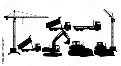 Construction equipment silhouettes industrial machinery set vector illustration.