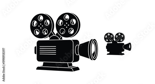 Vintage movie camera and film reels in black silhouette high quality professional detailed modern elegant stylish clean crisp vibrant colorful digital creative innovative