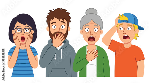 Four cartoon people of different generations expressing shock and surprise with wide eyes and open mouths, hands on faces and chest.