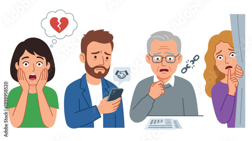 Four diverse individuals experiencing various forms of emotional distress, including heartbreak, digital scam anxiety, financial worries, and fear, illustrating common social issues.