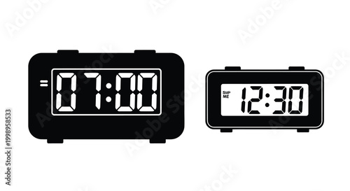 Two digital alarm clocks displaying different times black silhouette on a white background high quality professional detailed modern elegant stylish clean crisp vibrant