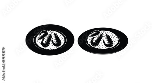 Two black shrimp silhouettes within oval frames a detailed seafood graphic design silhouette high quality professional modern elegant stylish clean crisp vibrant colorful