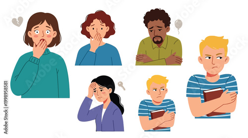 A diverse group of people experiencing various negative emotions such as sadness, worry, and frustration, depicted with expressive faces and symbolic icons.