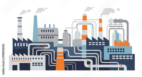 Industrial Factory Complex with Smokestacks and Pipes.