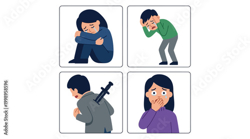 Four panels illustrating various negative human emotions and experiences, including sadness, distress, betrayal, and shock.