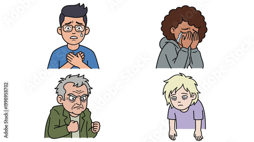 Four cartoon characters depicting various negative human emotions like sadness, anger, and exhaustion on a white background.