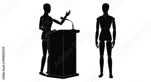 Two wooden mannequin figures with a podium and microphone in a black silhouette high quality professional detailed modern elegant stylish clean crisp vibrant