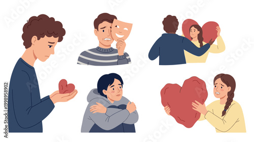 Illustrations depicting various emotional struggles, including heartbreak, hidden sadness, loneliness, and relationship challenges among young adults.