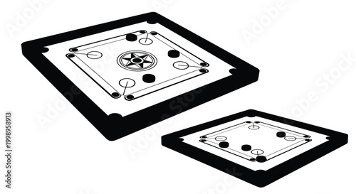 Carrom board game in black and white isometric view with playing pieces a detailed silhouette high quality professional modern elegant stylish clean crisp