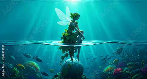 Fairy with translucent wings and leaf dress sitting in underwater ocean scene. Sunbeams pierce the blue water surrounding tropical fish and coral reefs. Fantasy nymph aquatic nature concept.