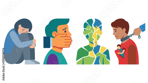 Illustrations depicting various forms of human suffering, including depression, censorship, mental breakdown, and human trafficking.